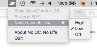 QuietComfort 35を接続した場合のスクリーンショット QuietComfort 35を接続した場合のスクリーンショット