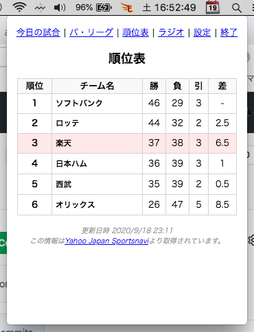 '順位表'画面のスクリーンショット '順位表'画面のスクリーンショット